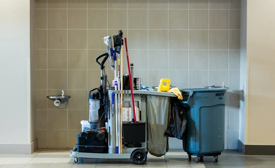 Facility manager reviewing janitorial service performance metrics