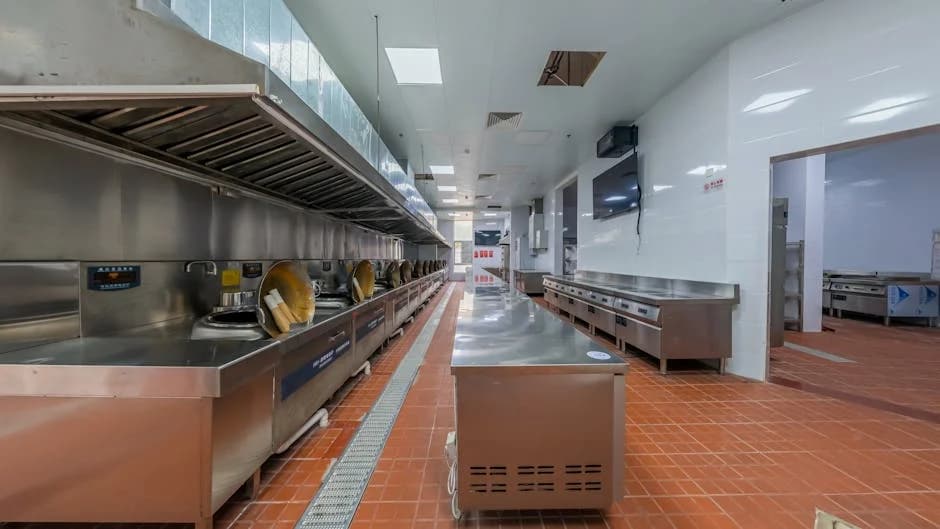 Professional janitorial staff cleaning a commercial kitchen at night after service