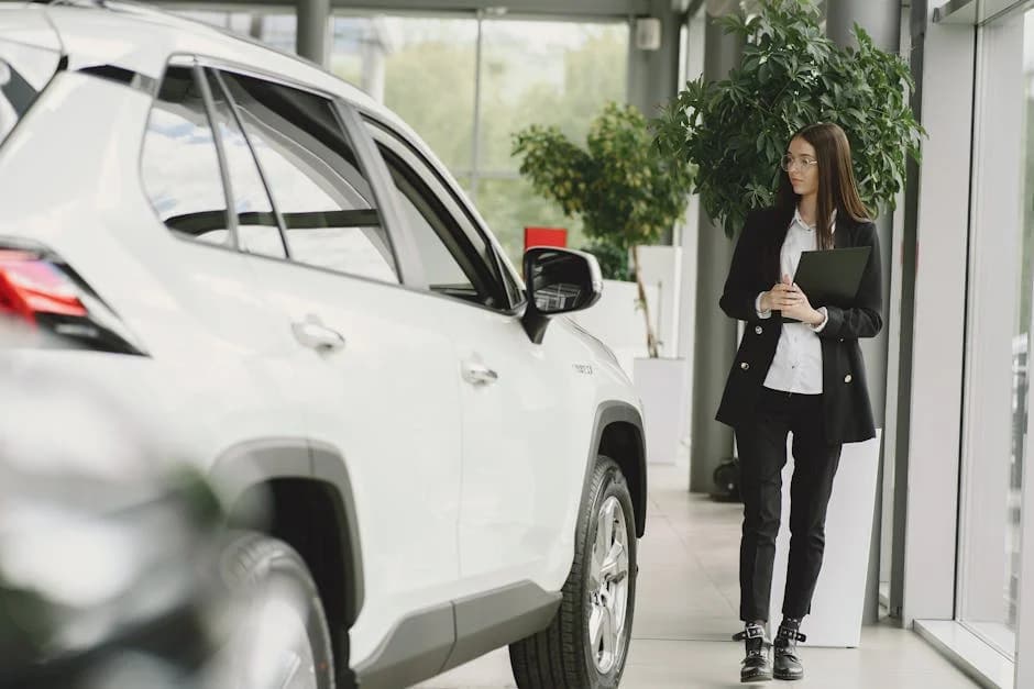 Professional window cleaning service maintaining auto dealership showroom windows