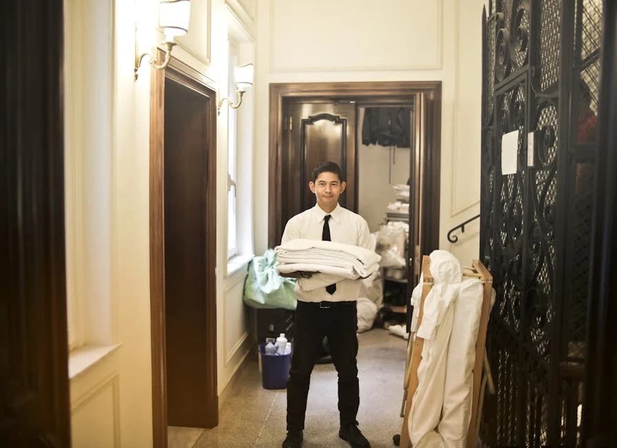 Hotel lobby being professionally cleaned with commercial equipment