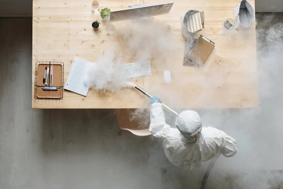 Professional deep cleaning team thoroughly cleaning an office environment