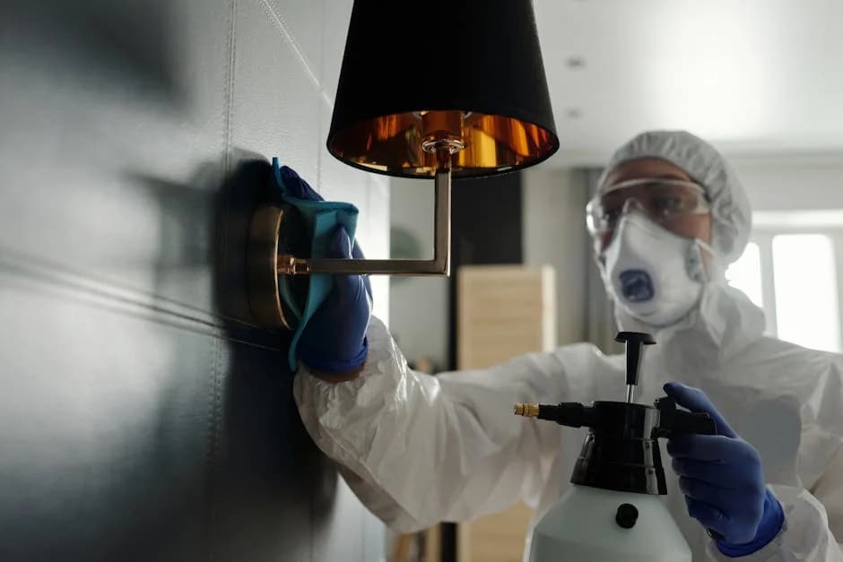 Professional cleaning team sanitizing gym equipment and fitness facility