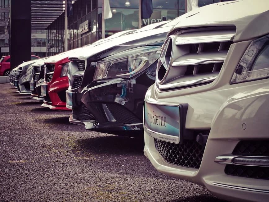 Clean and polished auto dealership showroom floor with vehicles on display