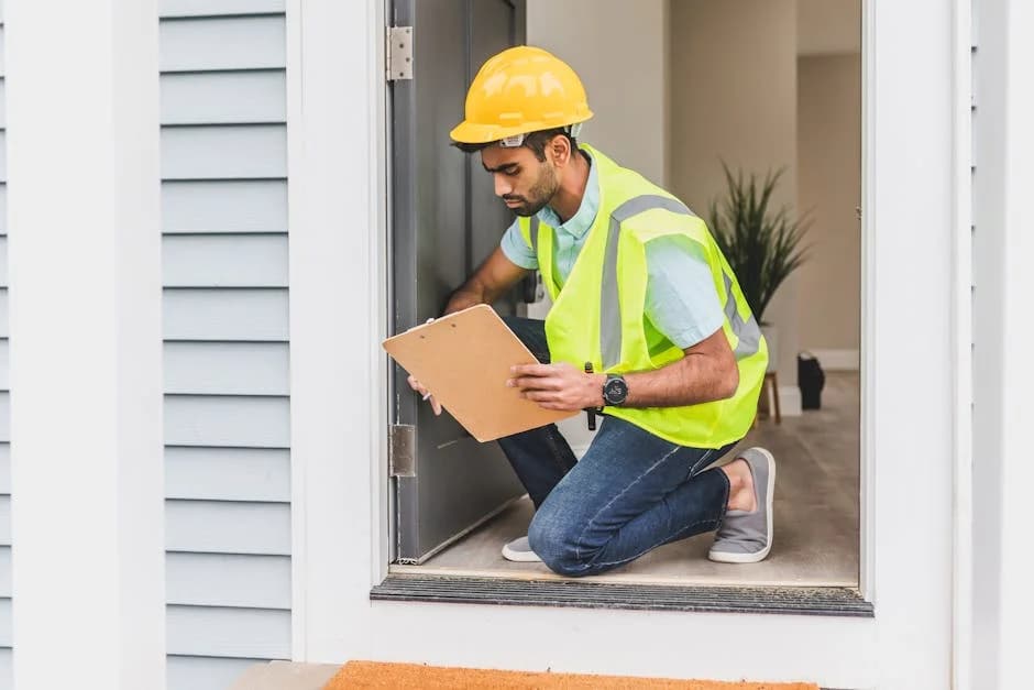 Facilities manager conducting a maintenance audit with clipboard in commercial building