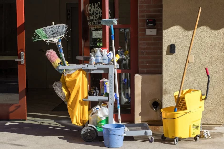 Professional janitorial crew cleaning a commercial office space