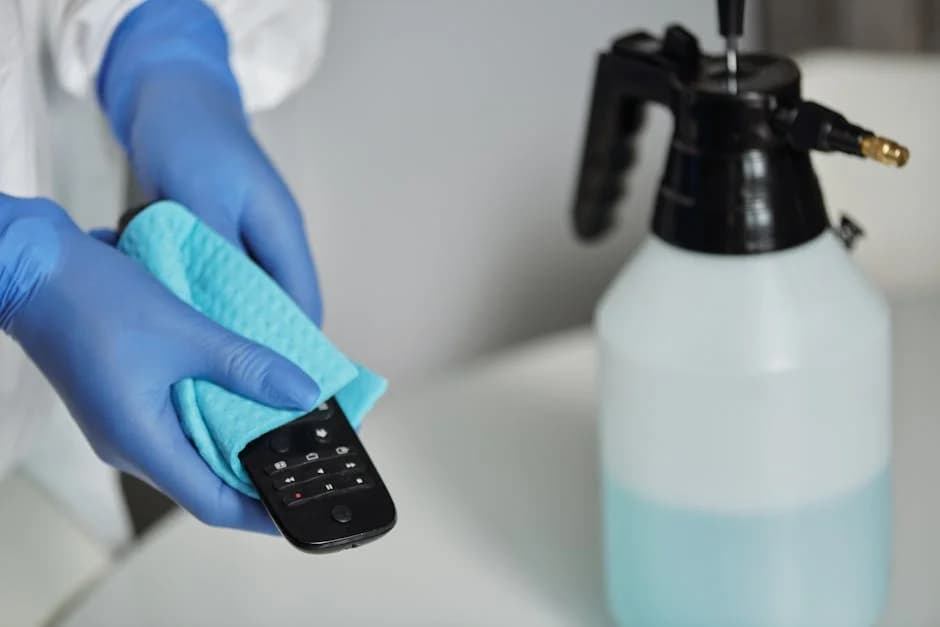 Commercial cleaning professional applying EPA-registered disinfectant spray to office surfaces