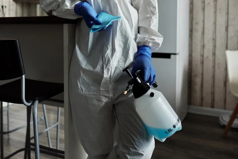 Professional janitor disinfecting office surfaces to prevent illness spread