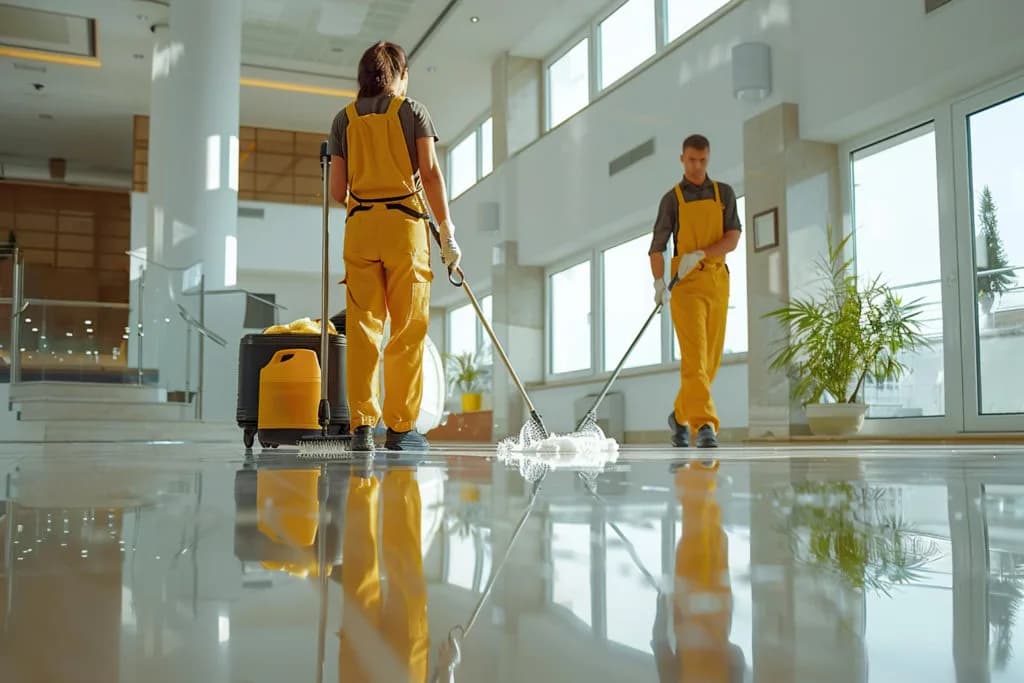 Professional commercial cleaning crew mopping a large office lobby floor in Tampa